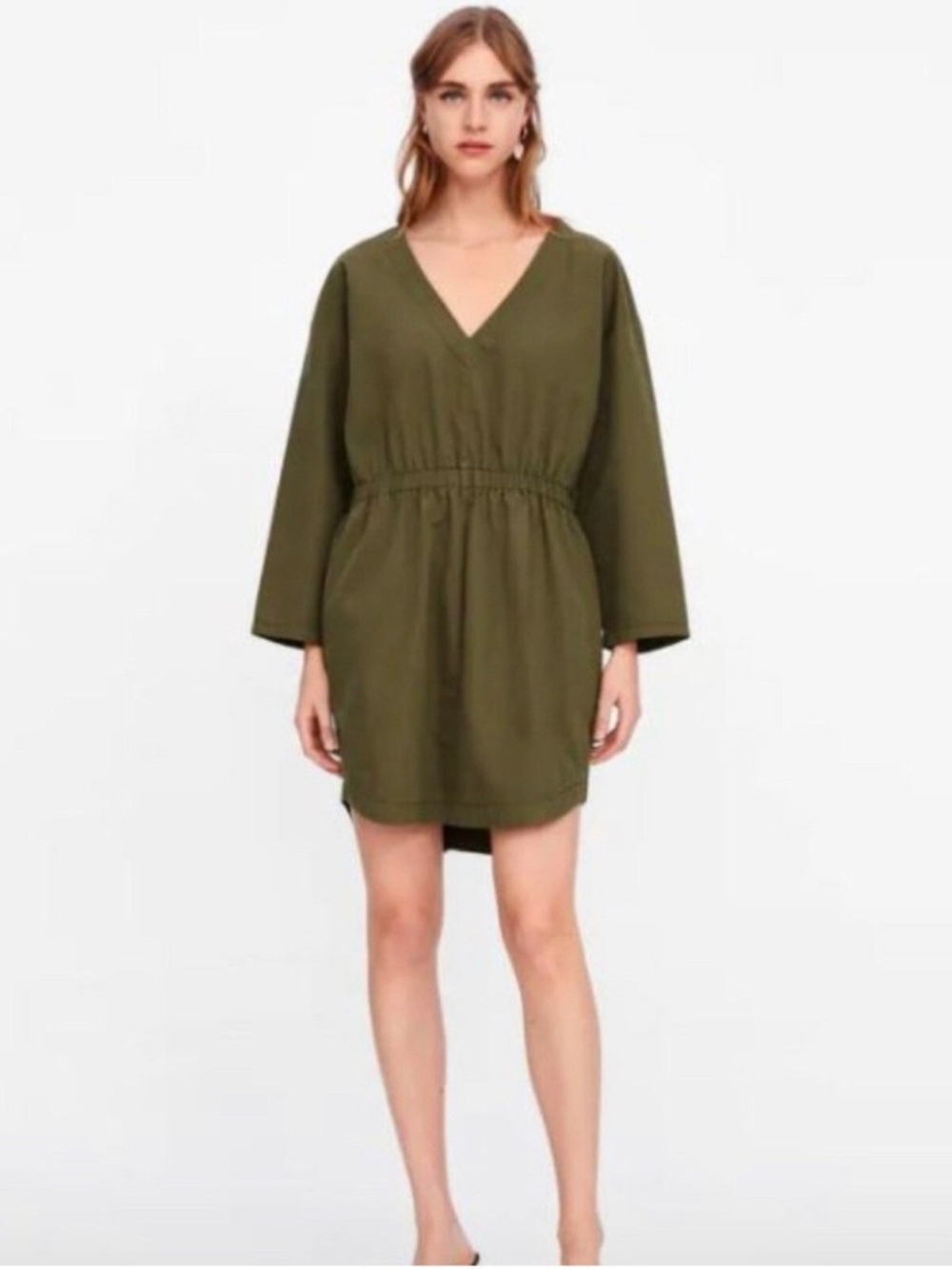 Zara Olive V-Neck Drawstring Waist Mini Dress